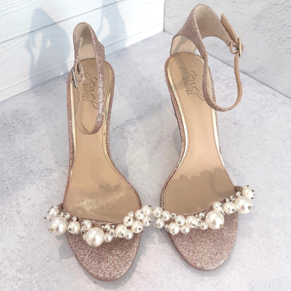 Jewel Badgley Mischka Lassie Rose Gold Glitter Pearl Stiletto Heels Size 9 - Picture 16 of 16